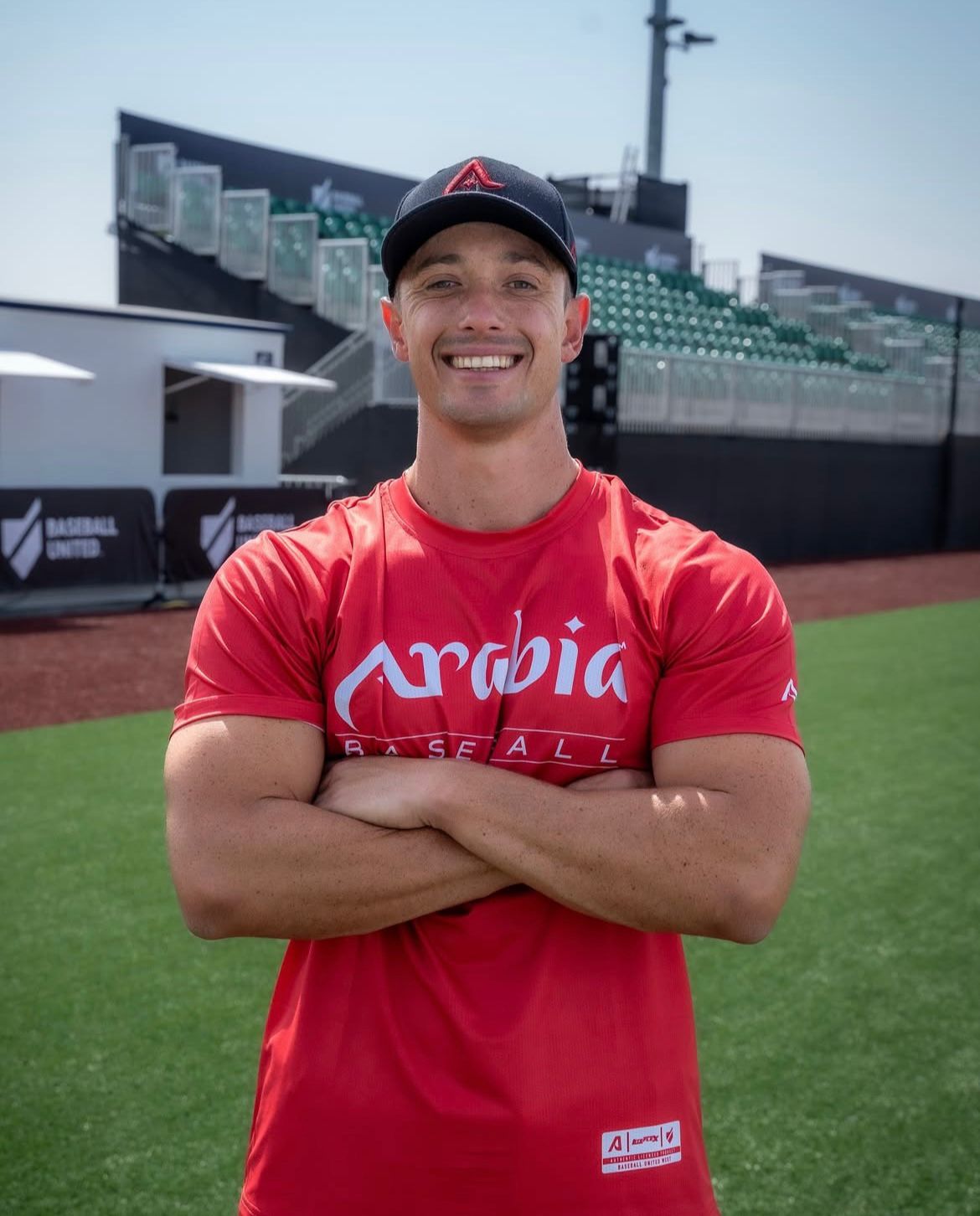 Chris in his Arabia Baseball jersey at the Baseball United stadium in Dubai